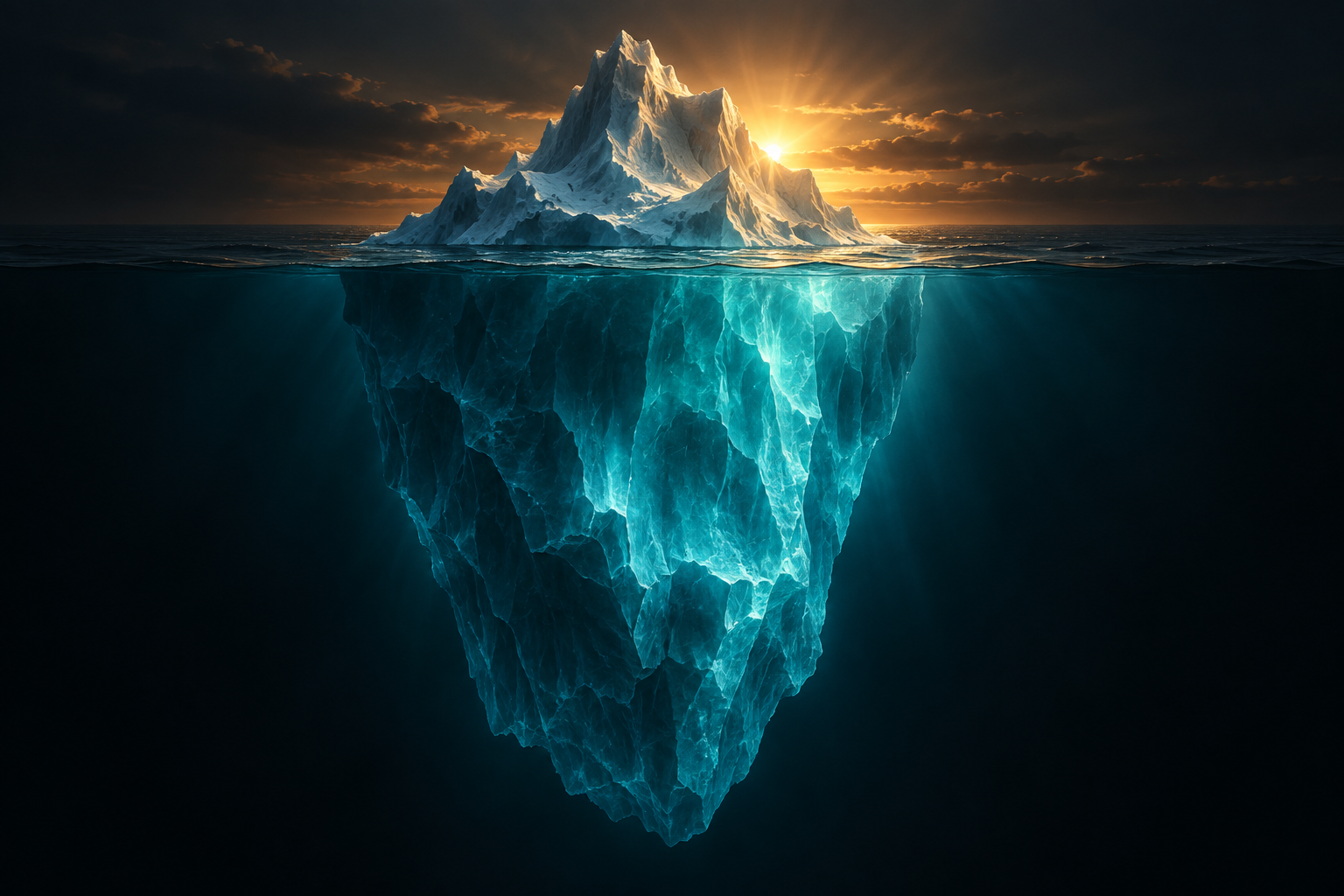 Iceberg iluminado acima da água, com uma base muito maior submersa: uma metáfora das dimensões visíveis e invisíveis da vida.