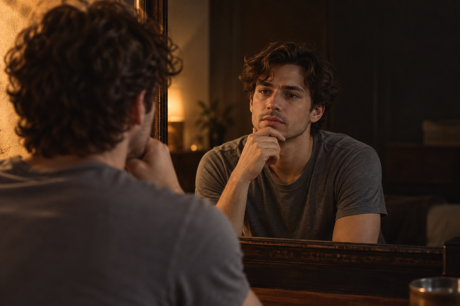 Homem diante de um espelho, observando o próprio reflexo com a mão apoiada no queixo.