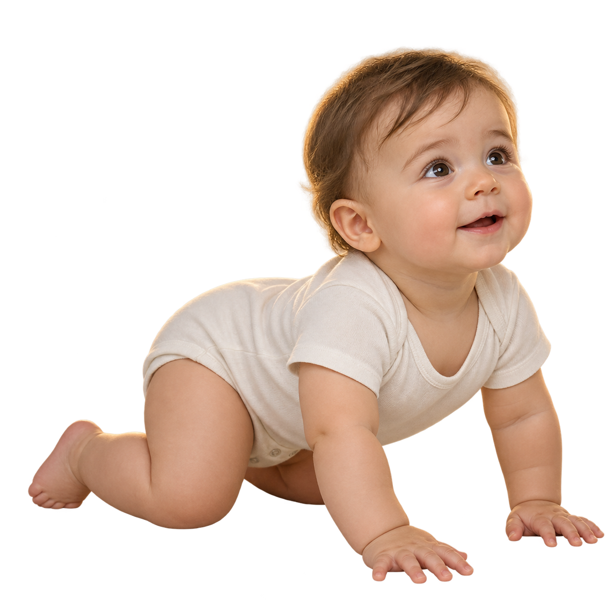 Bebê engatinhando e olhando com curiosidade para cima.