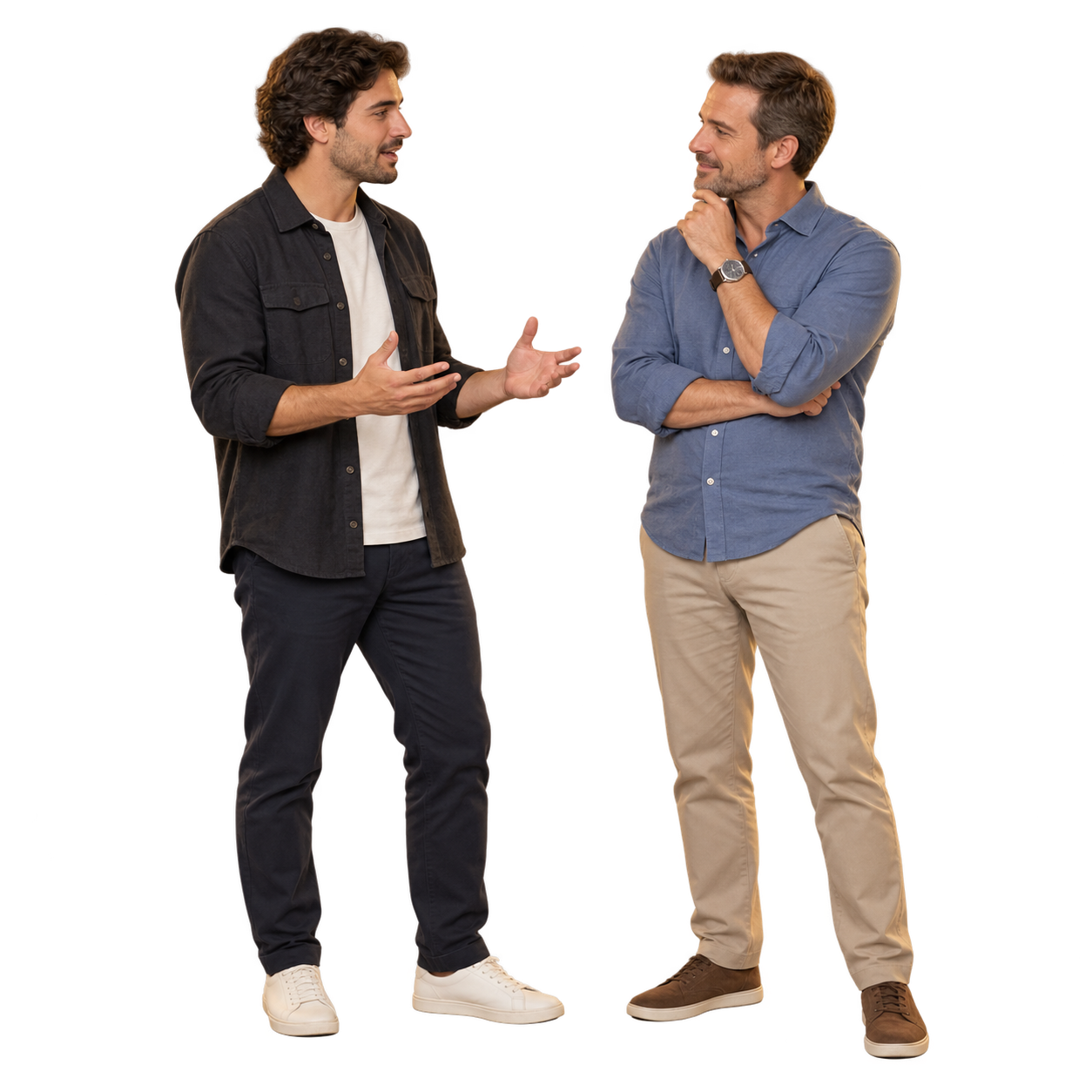 Dois adultos conversam: um explica uma ideia e o outro escuta.