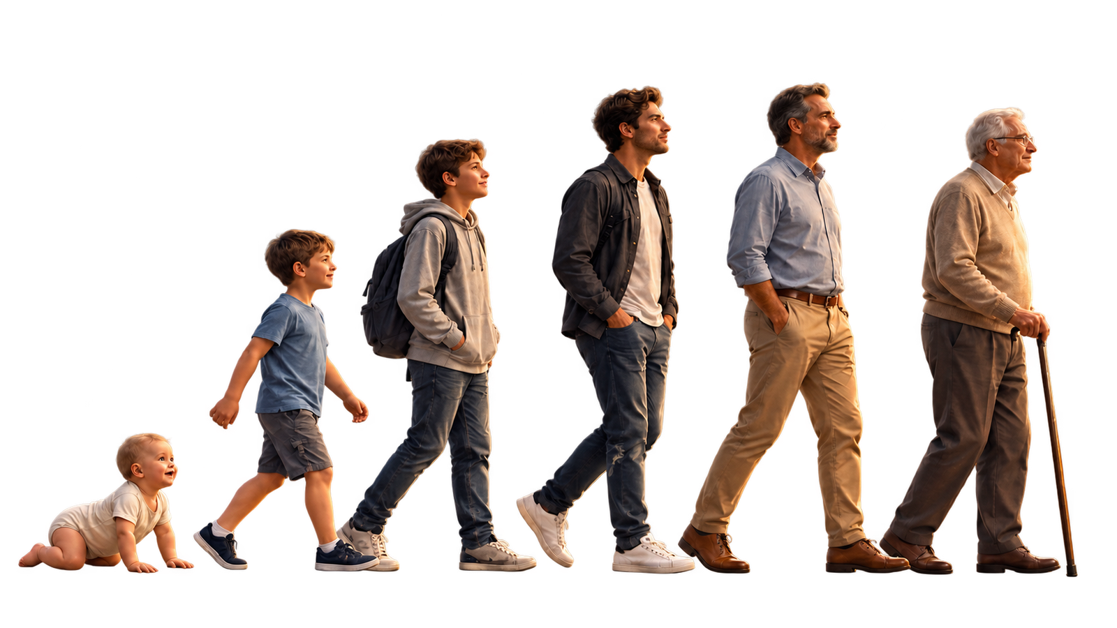 Seis personagens representam as fases da vida: bebê, criança, adolescente, jovem adulto, homem maduro e idoso.